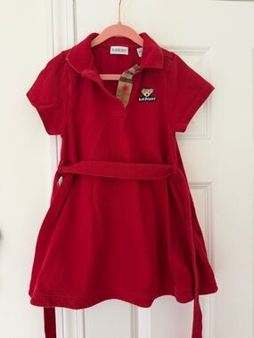 Burberry Girls' Red Polo Dress with Check Trim and Bear Patch